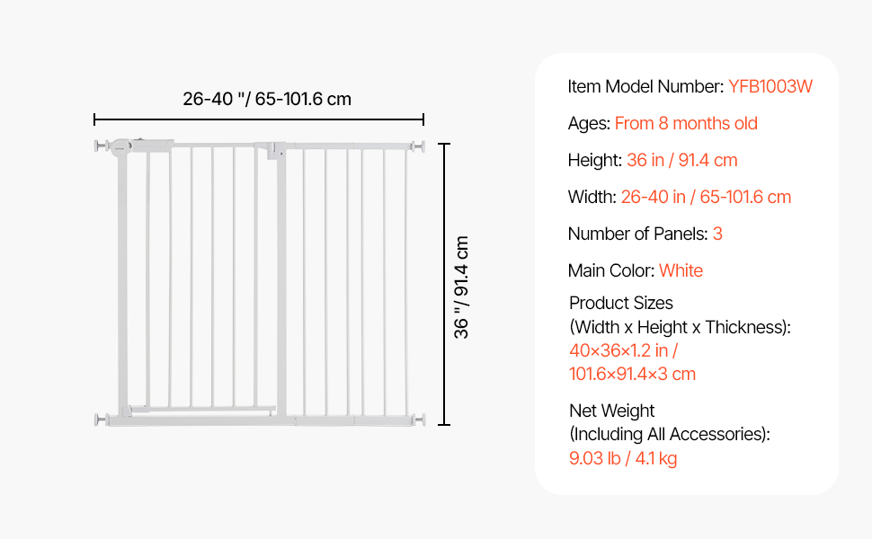 Безпечне ворітце для дітей та домашніх тварин VEVOR: регульована ширина (750-), захист від сходів, відкривається однією рукою, для сходів та дверей, білий, 101,6 см