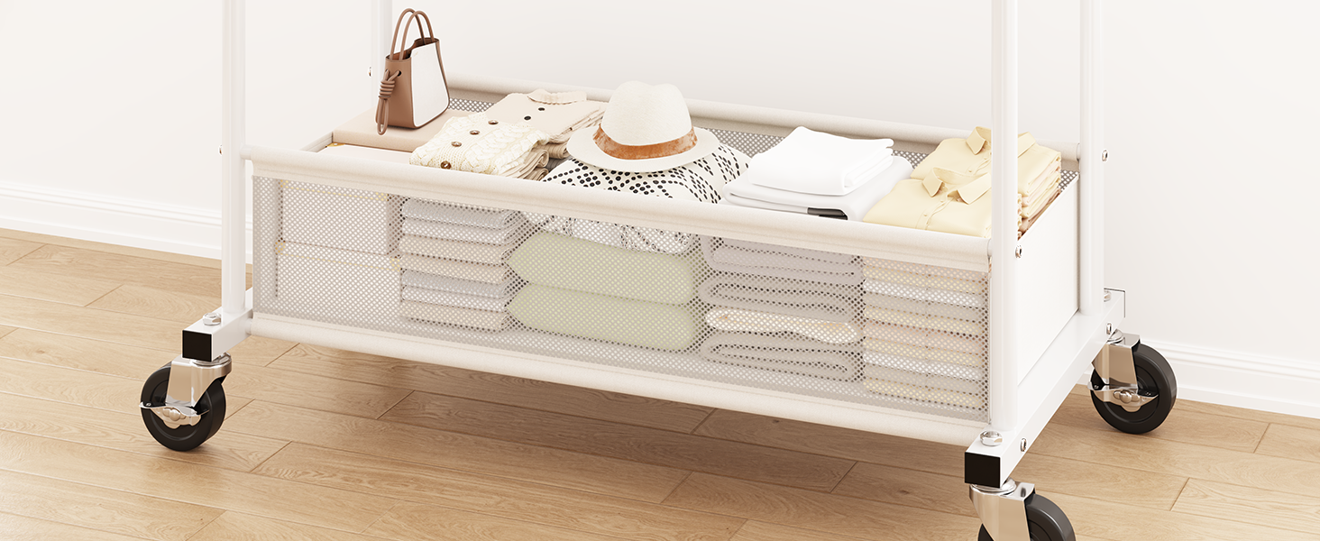 Подвійний мобільний вішак для одягу з кошиком для білизни, металевий (110 кг), білий - міцний вішак для пальт, суконь, светрів