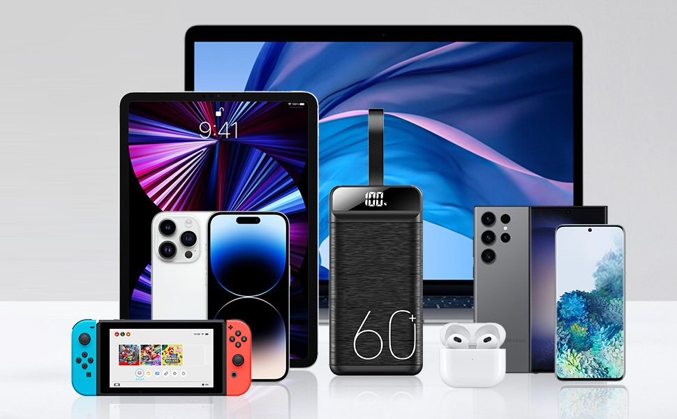 Power Bank 60000mAh 22,5W з LED-дисплеєм: Швидка зарядка USB-C, 4 виходи, 3 входи для більшості пристроїв