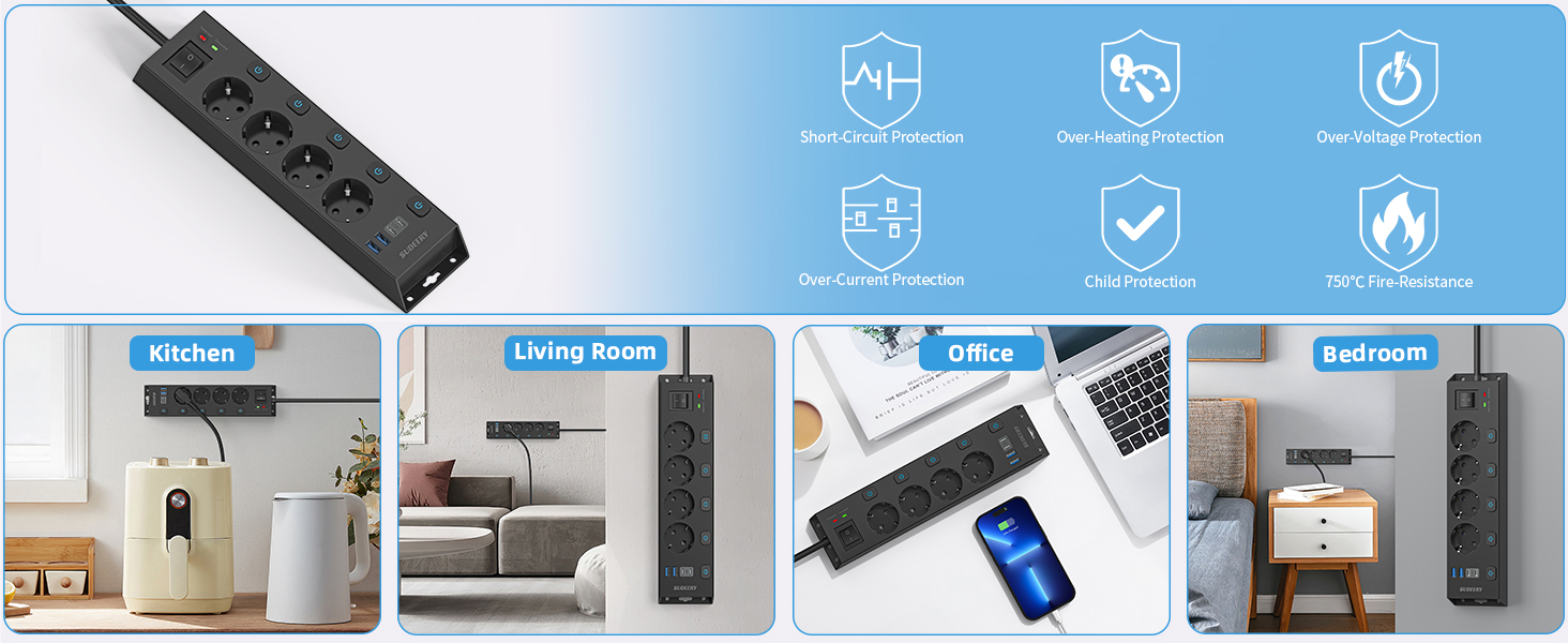 Мережевий фільтр Steckdoseleiste з індивідуальним керуванням, 5 розеток, настінний монтаж, захист від перенапруги 1050 Дж, для дому та офісу, кабель 2 м (4 розетки з USB, чорний)