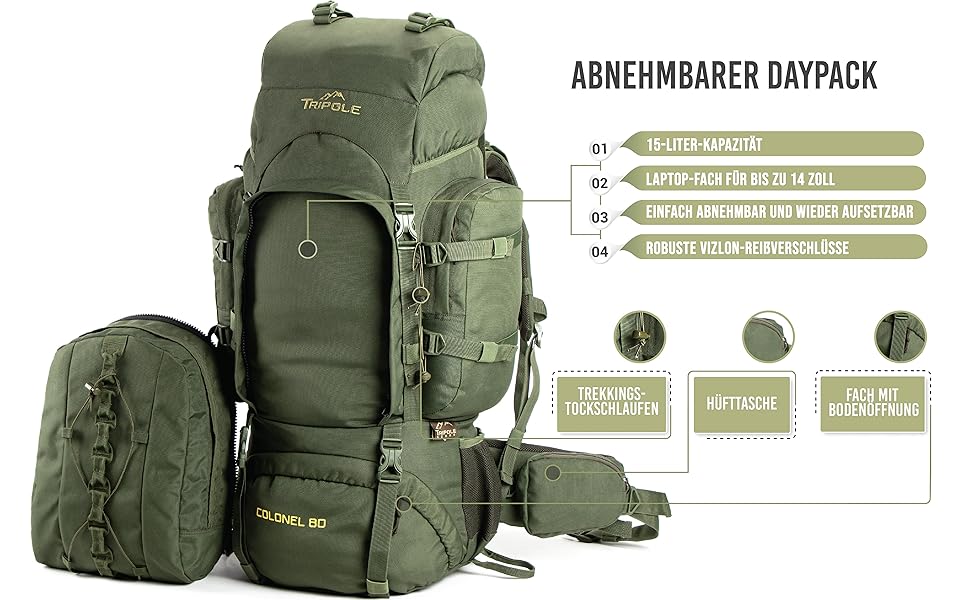 Tripole Rucksack from the Colonel Series with Internal Frame - Featuring Detachable Daypack and Rain Cover