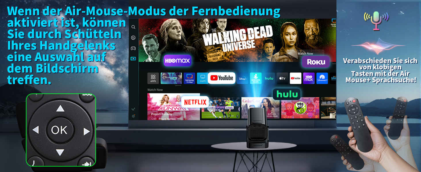 4K проєктор Beamer Full HD 1080P Android, портативний міні-проєктор з Wi-Fi 6 та Bluetooth 5.2, поворотний на 270°, для PC/HDMI/USB, з мишею та пультом, білий (чорний матовий)