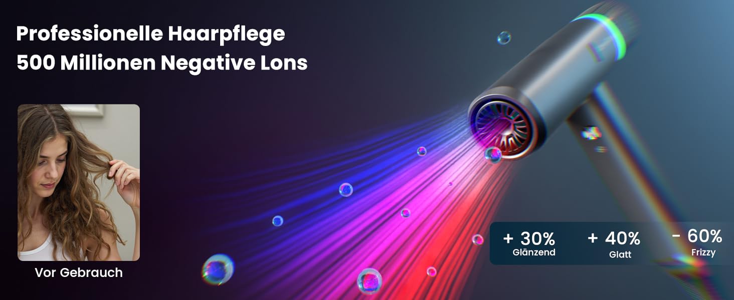 Іонізатор для волосся Föhn - високошвидкісний фен з насадкою-дифузором для жінок та чоловіків, 3 режими/2 швидкості, легкий, рівномірне тепло, тихий, чорний (сірий)