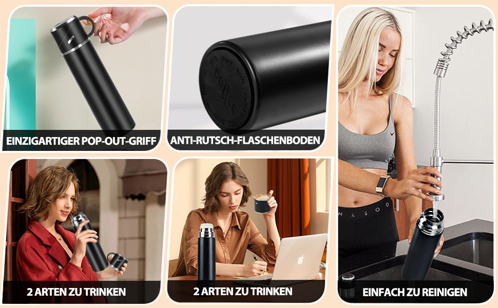 Термос IAGORYUE з нержавіючої сталі, 0,55л, з ізоляцією, витокозахисним кришкою та ручкою, двостінний, зберігає тепло/холод до 12 годин, для спорту, офісу, відпочинку на природі, чорний