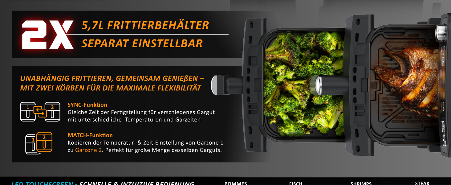 Фритюрниця Arendo XXL Dual Zone з 2 камерами – 11,4 л, 13 програм, 3D циркуляція повітря, BPA-free, функція Sync & Match