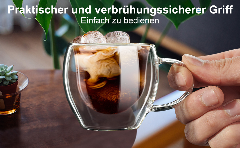 Набір з 2 еспресо-чашок PARACITY, подвійні стінки, 75 мл, з ручкою, з боросилікатного скла, аксесуари для еспресо