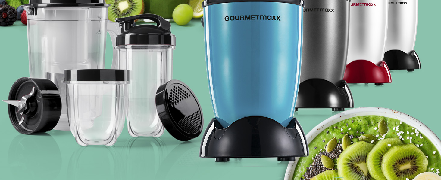 GOURMETmaxx Mr. Magic: Блендер для смузі та шейків 400W | Комплект з 4 насадками | Червоний та срібний