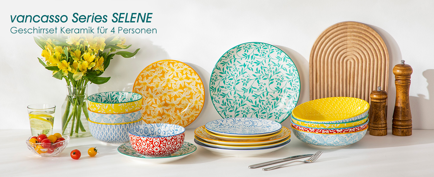 Набір посуду Vancasso Selene для 6 осіб, 24 елементи: тарілки, супові тарілки, миски, десертні тарілки, з пастельного порцеляни, мікрохвильова піч сумісна