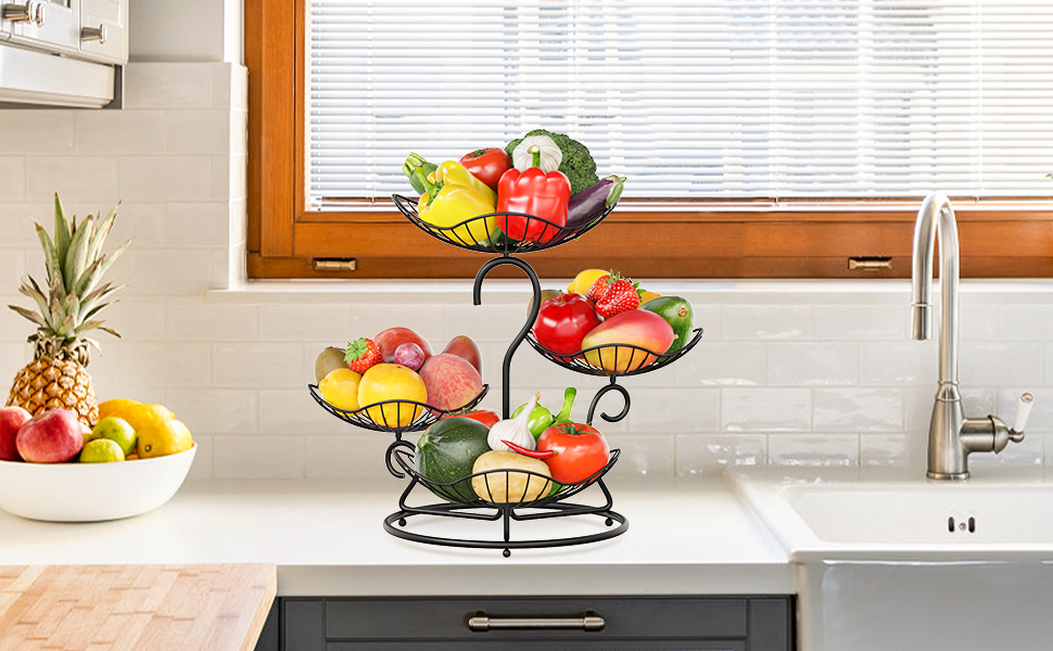 PouHenier 5-ярусна металева фруктова корзина для зберігання фруктів та овочів, чорного кольору з підставкою для бананів