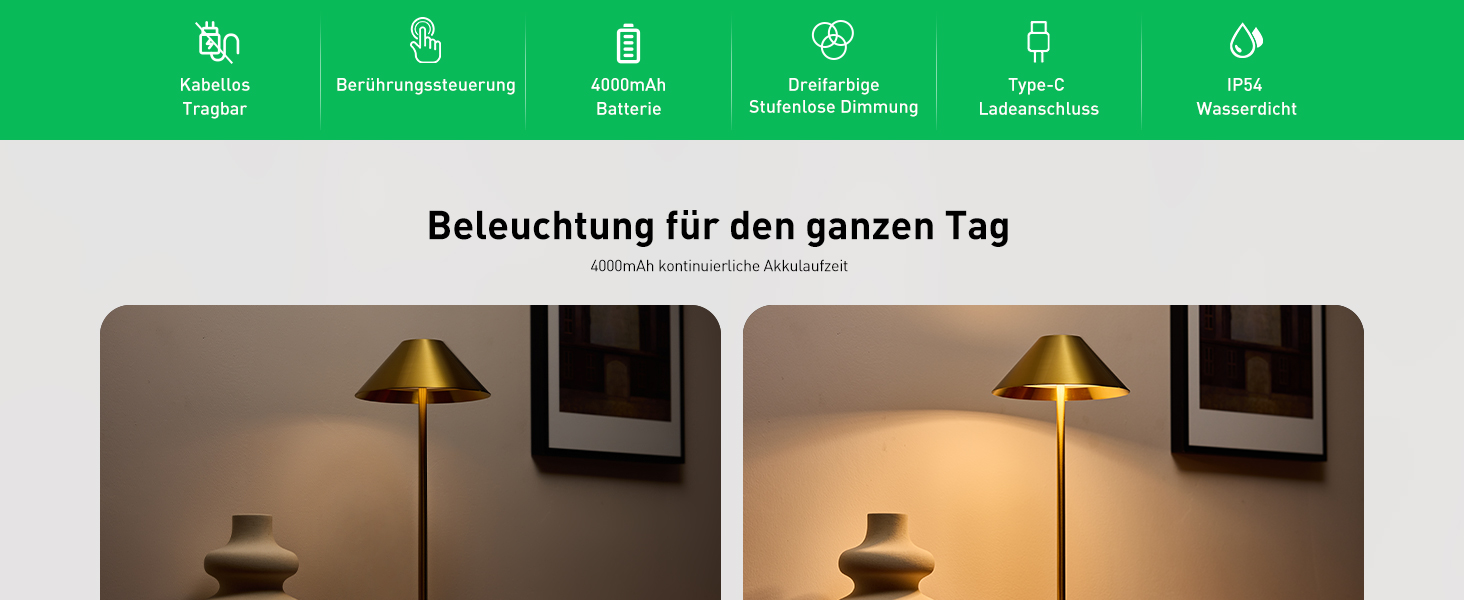 BOJIM 2 шт. LED настільна лампа на акумуляторі, золота, USB, сенсорне регулювання, IP54, водонепроникна, для балкона, поворотний наголовник