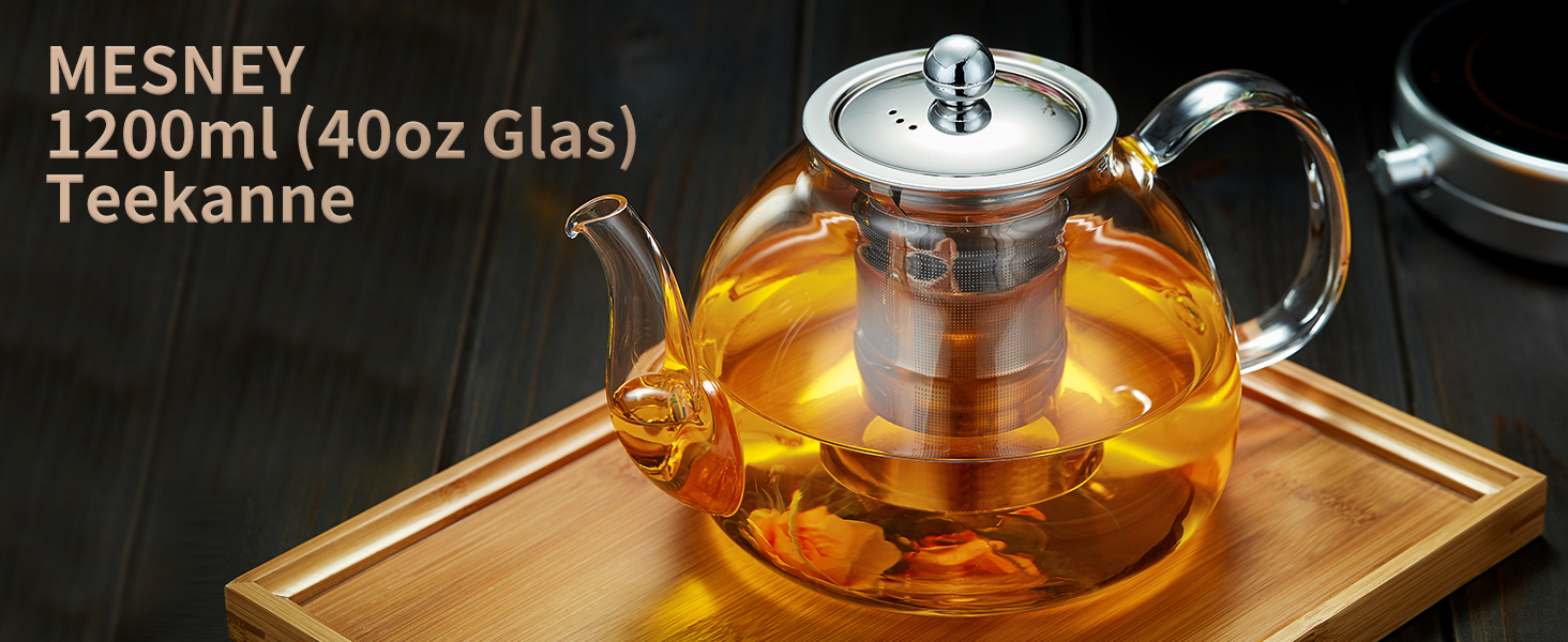 Скляна чайник MESNEY 1.2 л з ситечком, жаростійкий, для чорного чаю, Borosilikatglas, 40oz