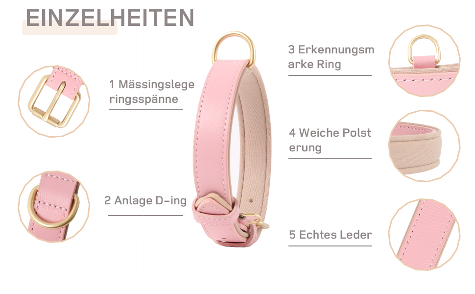 Нашийник для собак Heele з натуральної шкіри, рожевий, регульований, великий розмір (L), 1 шт.