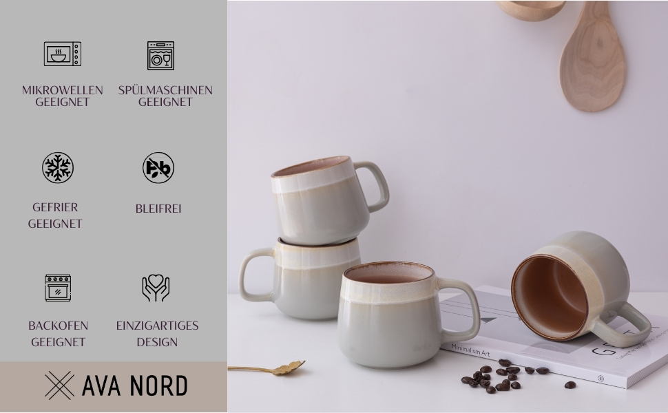 Набір керамічних кавових чашок 4 шт, 470 мл – чашки з фаянсу у скандинавському стилі – великі кавові чашки, чашки для чаю та напоїв – для кави та чаю – підходять для мікрохвильової печі та миття в посудомийній машині, сірий колір