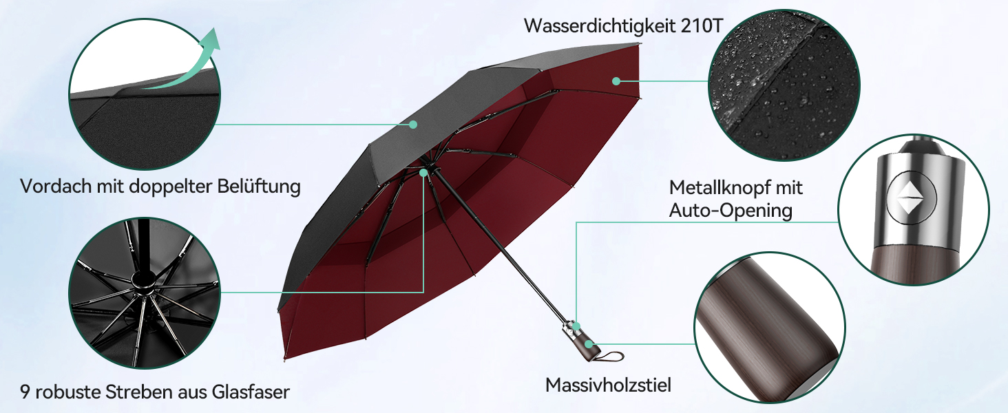 TECKNET Автоматичний парасолька, штормостійкий, легкий у використанні, чорний та червоний