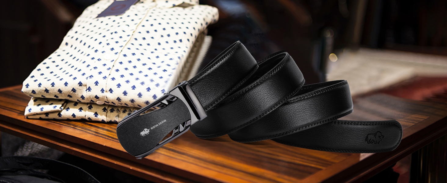 Чоловічий шкіряний ремінь BISON DENIM з автоматичною пряжкою - для бізнесу та костюмів, ширина 35 мм, чорний, розмір 115