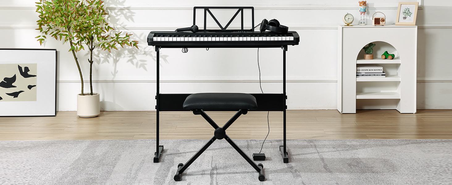MUSTAR 61-клавішна клавіатура-піаніно для початківців, цифрова клавіатура з підсвічуванням, динаміками, стійкою, табуретом, навушниками, мікрофоном, підставкою для нот, 300 звуками та уроками музики (Чорний)