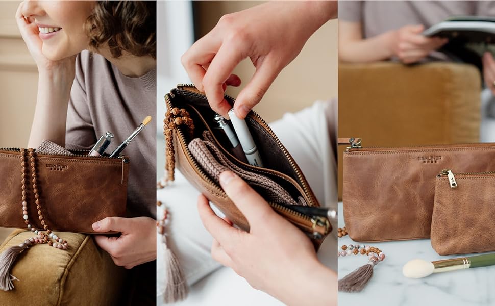 Преміальна косметичка Berliner Bags Anna зі шкіри, маленька жіноча та дівоча косметичка, розмір S, колір кемел