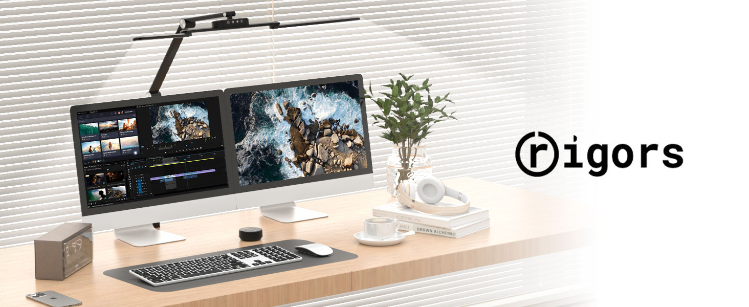 LED лампа для столу Rigors 60 см з двома головками, диммування, 900 лм, денне світло, захист очей, кріплення, 5 кольорів, 10 рівнів яскравості, гнучкий шийка 360°, з адаптером живлення (Th-black)