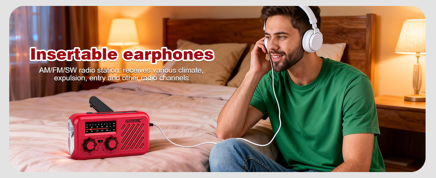 Радіоприймач Kurbelradio з навушниками, AM/FM/SW, сонячне аварійне радіо, 2000mAh Power Bank, радіо на батарейках, будівельне радіо з всесвітнім приймачем, ліхтарик SOS для аварійного обладнання 297-Red