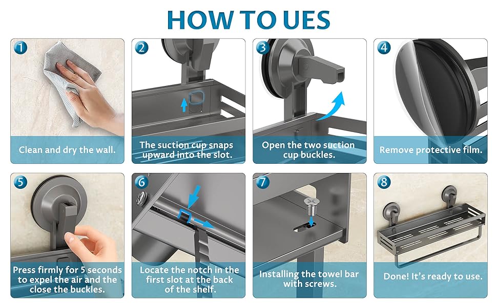 Поличка для душу Onemake з присосками, регульована, з гачками, органайзер для ванної кімнати з тримачем для рушників, матовий чорний (40 см, 1 шт.)