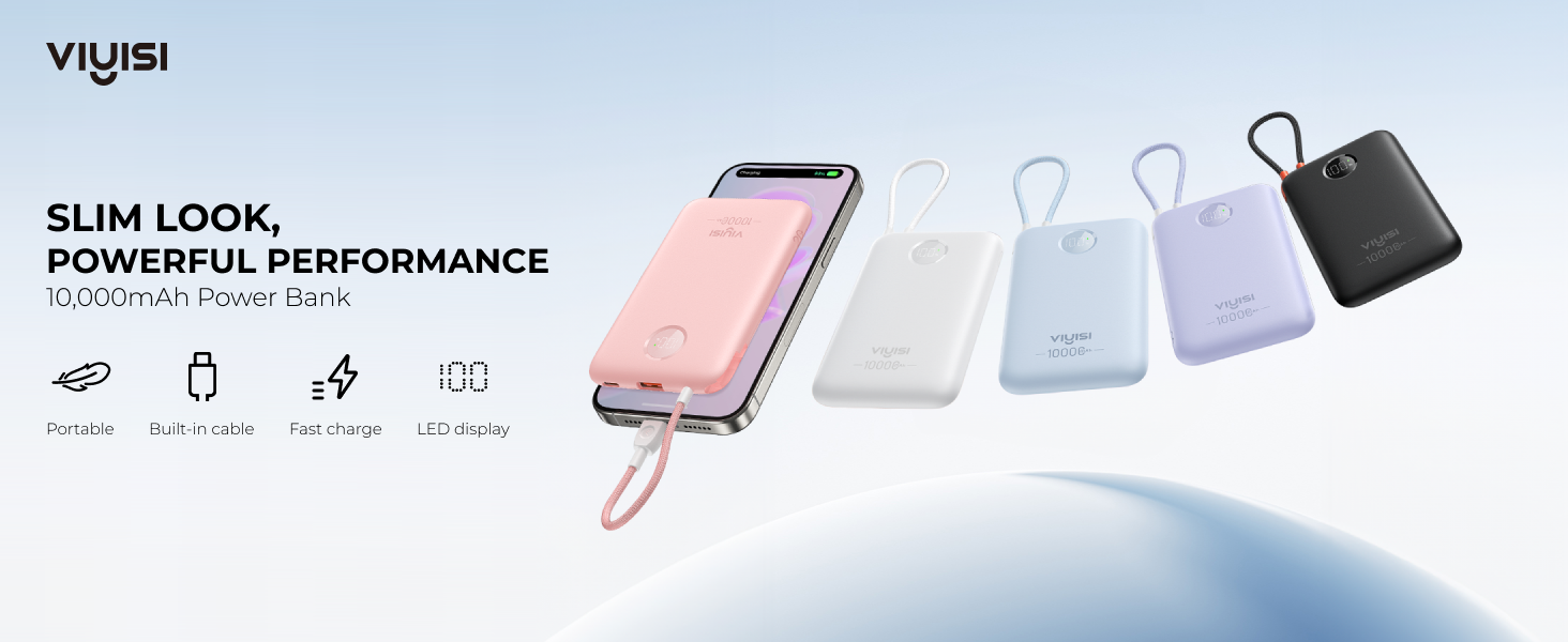 Повербанк VIYISI 10000mAh ультратонкий із вбудованим кабелем USB-C, рожевий