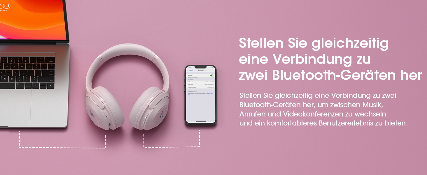 Бездротові навушники DOQAUS Bluetooth з тривалим часом роботи (70 год), Over-Ear, Bluetooth 5.4, Hi-Fi стерео, 3 режими EQ, для подорожей/телефону/ПК (Рожеві)