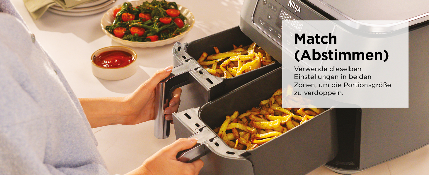 Фритюрниця Ninja Dual Zone Digital Air Fryer DZ400EU, 9.5L, 6-в-1, 2 відсіки, металевий сірий, для смаження, запікання, підігріву