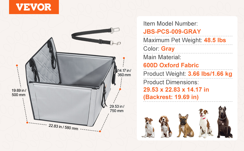 Автокрісло для собак VEVOR, сіре, до 22 кг (M) - водонепроникне, з підставкою, з поводом