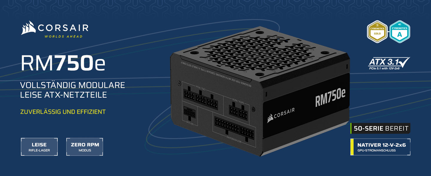 Блок живлення Corsair RM750e (2025) 750W, повністю модульний, ATX 3.1, PCIe 5.1, 12V-2x6, Cybenetics Gold, низький рівень шуму, чорний