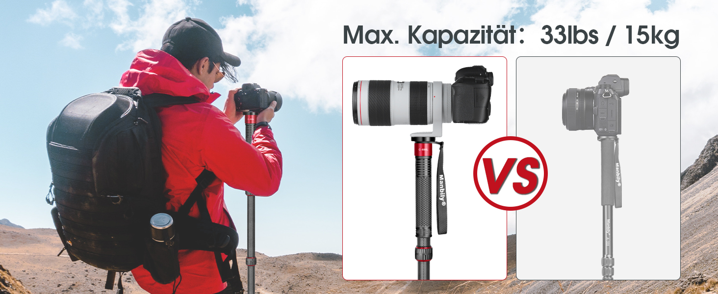 Монопод Manbily 32мм з карбону для камери: 44-174см, 6 секцій, до 15кг, з кліпсою для телефону, червоний