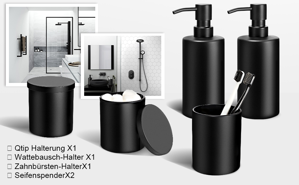 Набір для ванної кімнати GMISUN 5-ти частинний, чорний: 2 дозатори мила, 1 стаканчик для зубних щіток, 2 тримачі для ватних паличок, органайзер для ванної кімнати