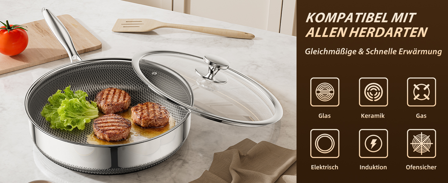 Сковорода глибока з кришкою 30 см FD-D з нержавіючої сталі гібридна, з холодною ручкою, для всіх плит (індукція), посудомийна машина, без PFAS/PFOA/PTFE, жаростійка до 260°C