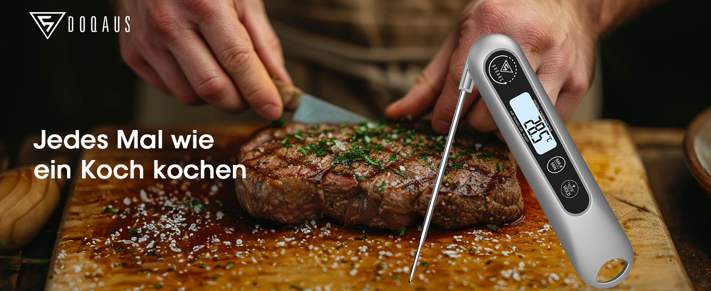 Цифровий кухонний термометр DOQAUS для м'яса, приготування їжі, випікання та гриля, швидка реакція 3s, LCD дисплей, автоматичне вмикання/вимикання (сріблястий/чорний)