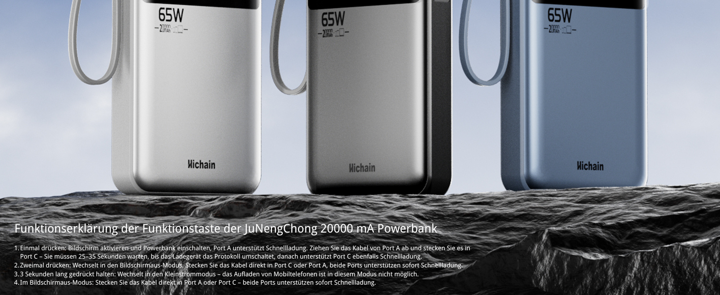 Power Bank Hichain 65W 20000mAh USB-C з кабелем, LED-дисплей, для MacBook, iPhone, Samsung, iPad, планшетів - Синій
