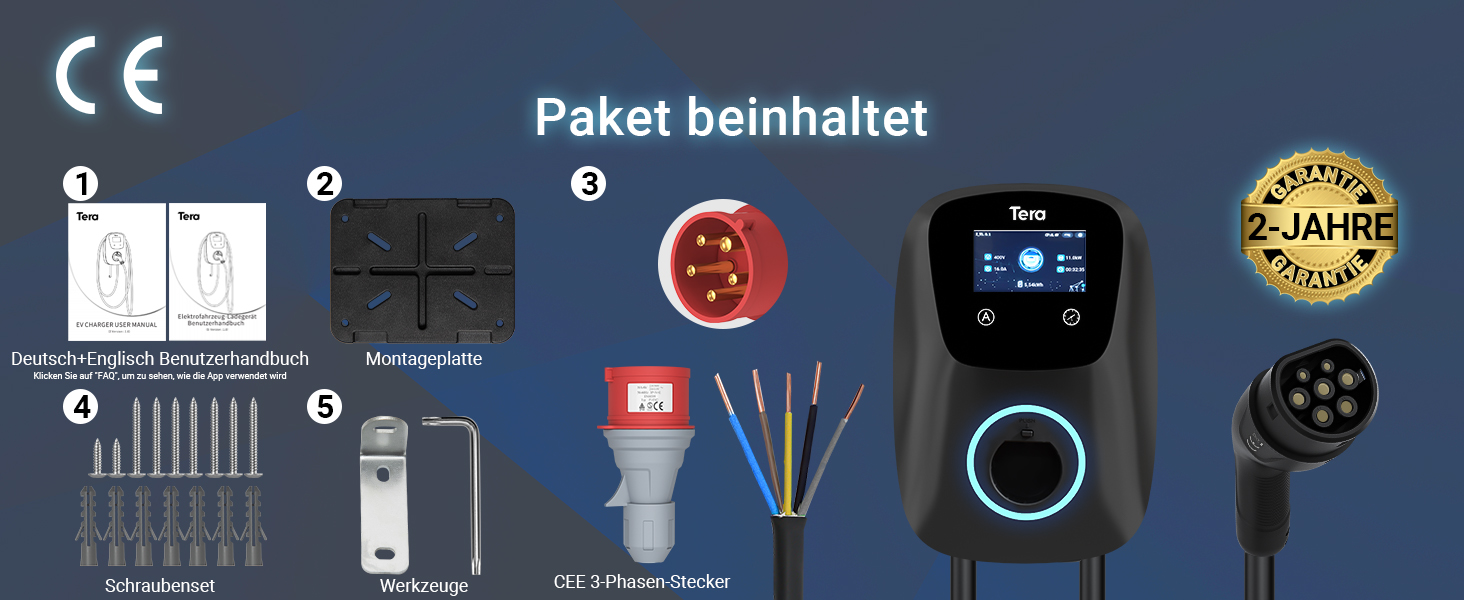 Володіння Tera EV: Смарт-зарядний пристрій 22kW/11kW з App, Typ 2, 400V, Wallbox, 7м кабель, CEE 3-фазний, для електромобілів та PHEV