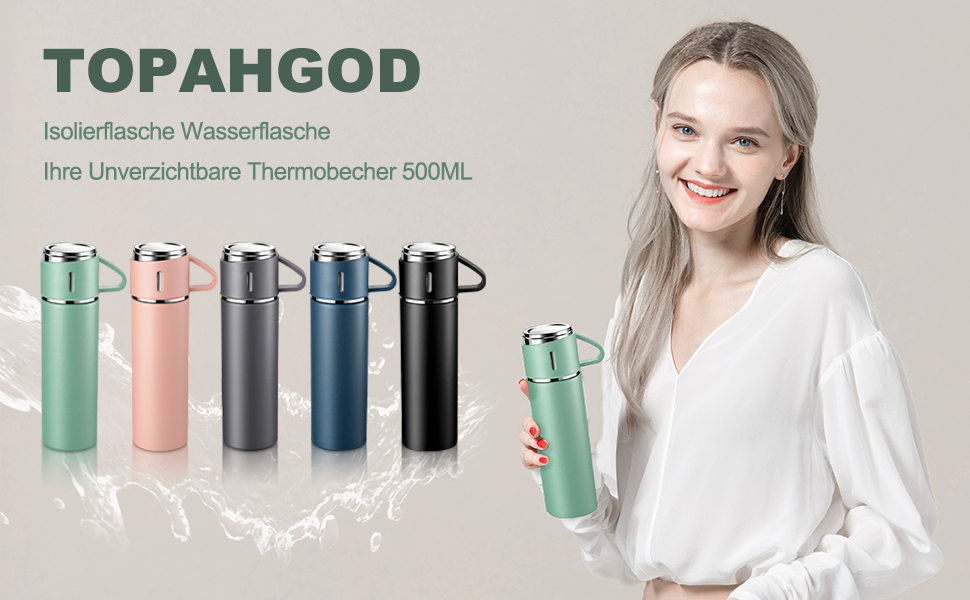 Stainless Steel Thermos Flask with Cup and Handle - 500ml Insulated Travel Mug - Leakproof, Double-Walled, Vacuum-Sealed - Keeps Hot/Cold for 12 Hours - for Kids, Sports, Outdoors (Black, Green)