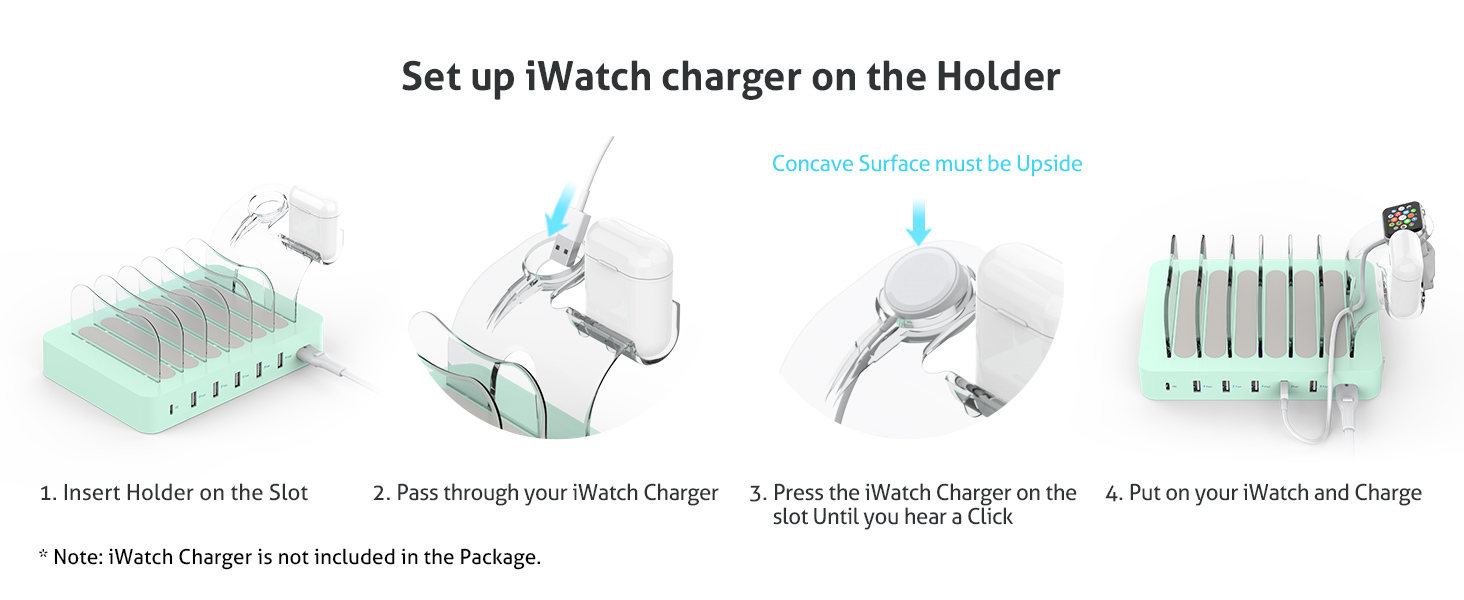 Зарядна станція SooPii USB 60W/12A, 6 портів, органайзер для декількох пристроїв з тримачем для Apple Watch, 6 кабелів для телефонів, планшетів та інших електронних пристроїв. Зелена