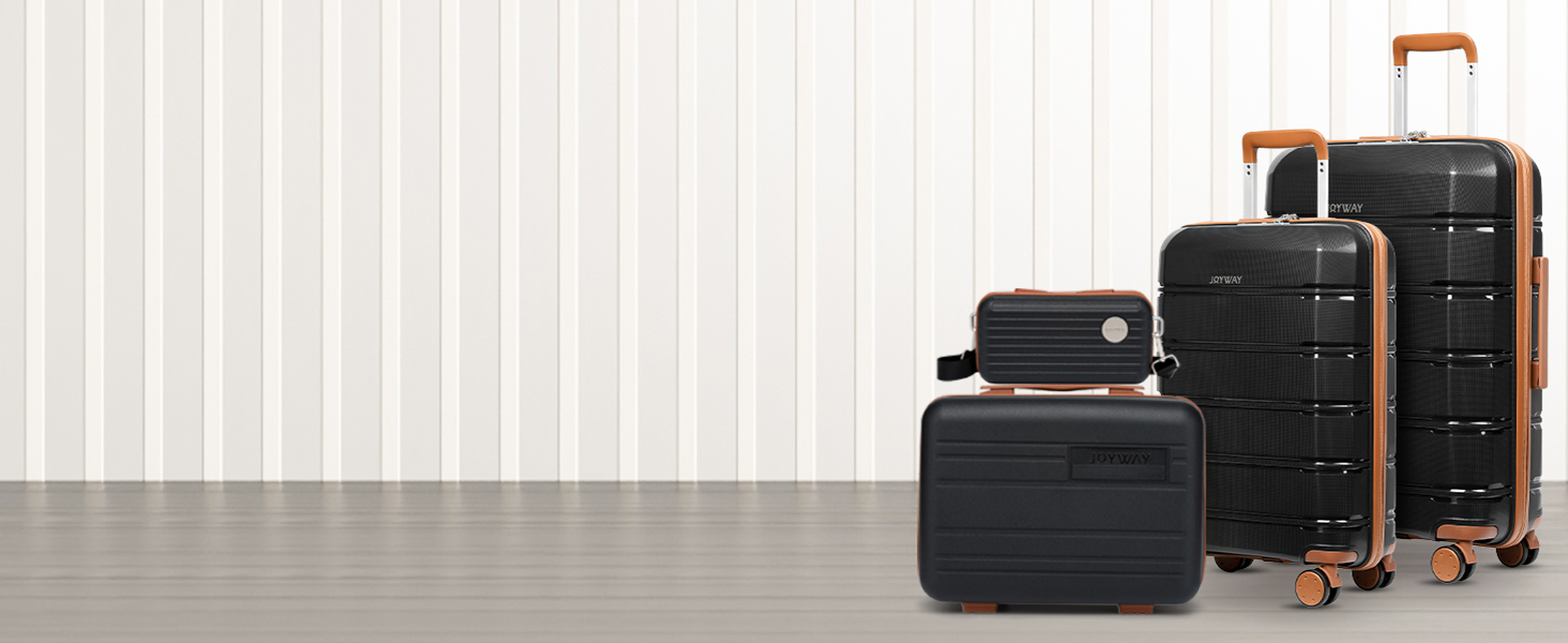 Набір валіз Joyway 5шт з жорстким корпусом, 4 колеса та TSA-замок. Включає косметичку та сумку. Білий/коричневий (Чорний/коричневий, ручна валіза 3шт)