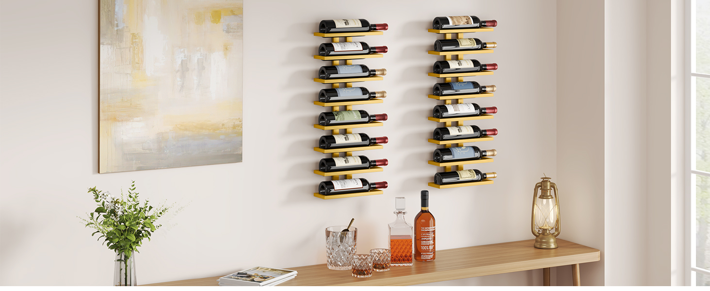 Настінна вітрина для вина FAVOOOSTY з 8 полицями, металева, для вітальні, спальні, винного погреба (Золота, 1 шт.)