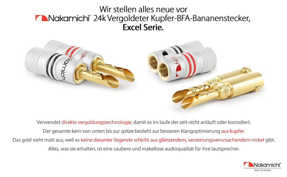 Позолочені бананові роз'єми Nakamichi 24K для акустичних кабелів 12-18 AWG, 4 мм, для підсилювачів, Hi-Fi ресиверів та домашніх кінотеатрів, 4 шт (2 пари)