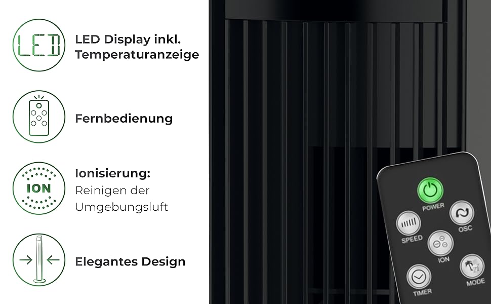 Вентилятор Be Cool з турбонаддувом 121 см – 3 швидкості, осциляція, LED-дисплей, таймер до 12 годин, іонізатор для чистого повітря, тихий підлоговий вентилятор з пультом дистанційного керування, білий (45W)