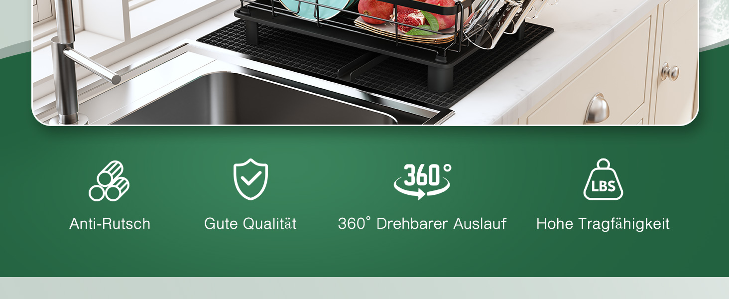 Сушарка для посуду MAJALiS з піддоном та килимком, 2-рівнева, з тримачем для столових приборів, поворотним виливом, чорна