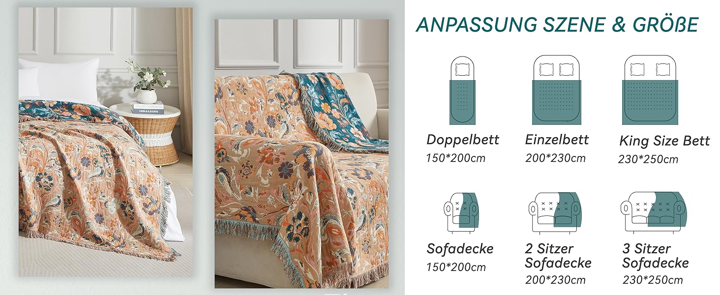 Богемна ковдра Boho 150x200 см з 100% бавовни, двостороння муслінова ковдра, плед для дивану та ліжка, patchwork, літня ковдра для вітальні, зелено-бежева (230x250 см, квіти та птахи)