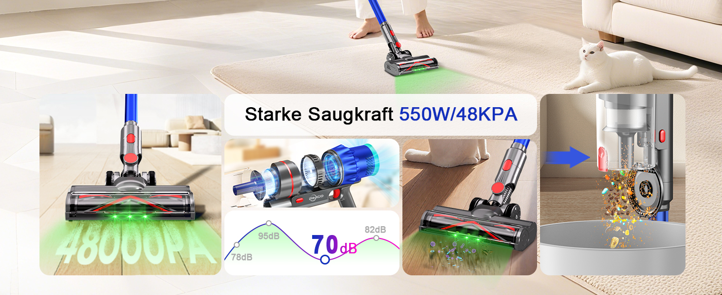 PINICO Бездротовий акумуляторний пилосос 550W з автоматичним режимом та щіткою Anti-Tangle, для твердих підлог, килимів та шерсті тварин (Blue+grey)