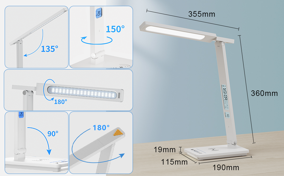 LED лампа настільна YAMYONE з бездротовим зарядним пристроєм та USB-портом, 5 кольорів, регулювання яскравості, нічник, годинник, термометр, для офісу та навчання, білий колір