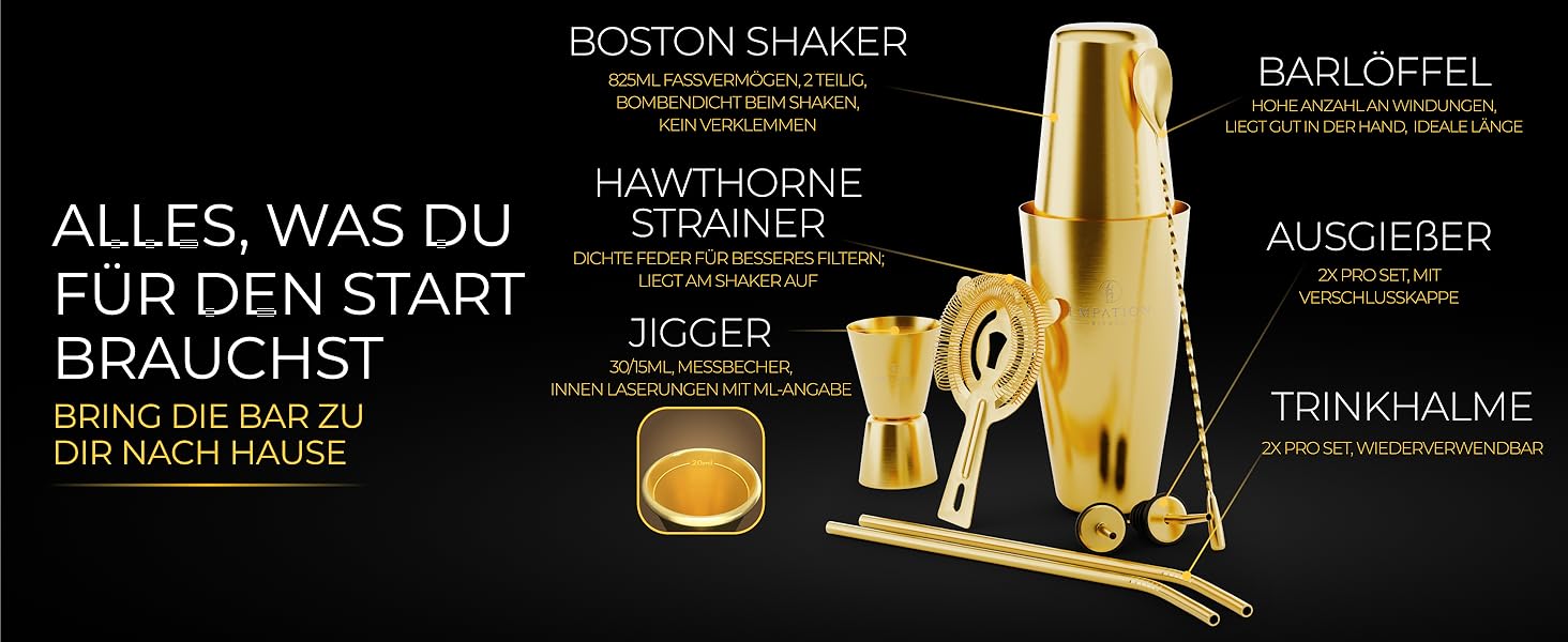 Набір для коктейлів EMPATION: професійний шейкер Boston 825мл з нержавіючої сталі, 8 предметів. Ідеальний подарунок для барменів-початківців та професіоналів.
