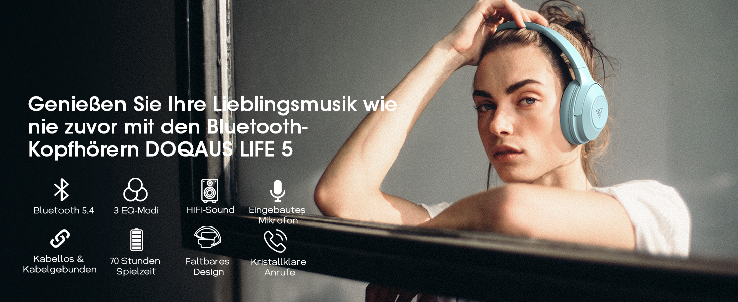 Бездротові навушники DOQAUS Bluetooth з тривалим часом роботи (70 годин), Over-Ear, Bluetooth 5.4, з кабелем, 3 режими EQ, HiFi стерео для подорожей/телефону/ПК (блакитні)