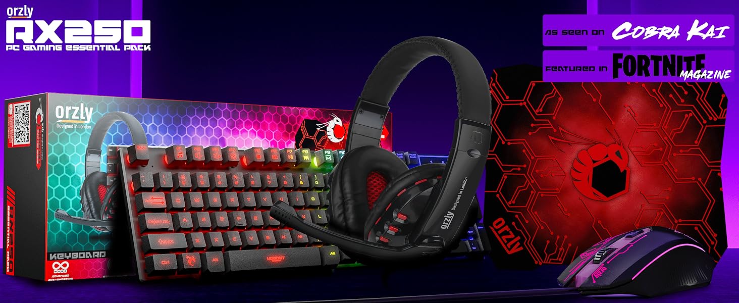 Ігровий набір Orzly RX250 4 в 1: клавіатура, миша, навушники та килимок для миші - RGB підсвічування, QWERTZ DE, чорний