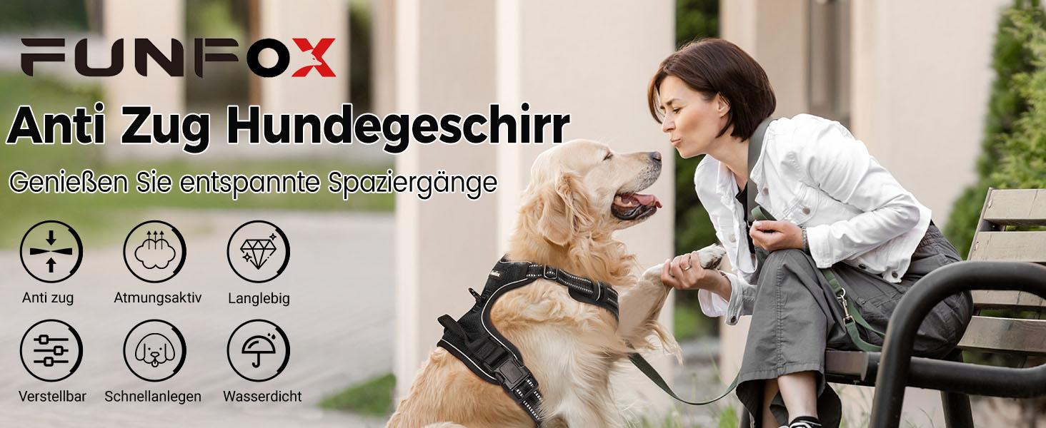 Шлейка для собак Funfox, середнього розміру, анти-тяга, регульована, з ручкою та світловідбиваючими смугами, чорна, L