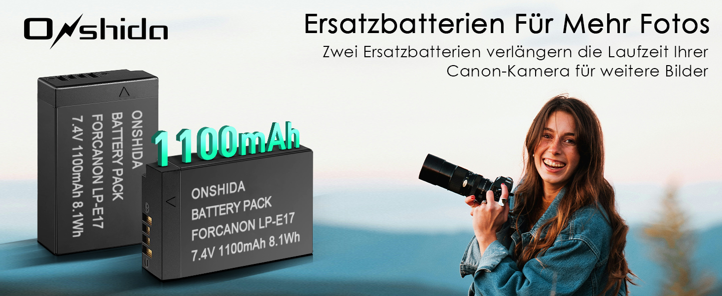 Akku Onshida 2 шт. 1200mAh з зарядним пристроєм для камер Sony ZV-E10, Alpha A6000, A6500, A6300, A5100, A7II, A7RII, A7SII, A7S, A7S2, A7R, A7R2, A3000, A33, A35, A37, A55, RX10, NEX5 (LP-E17)